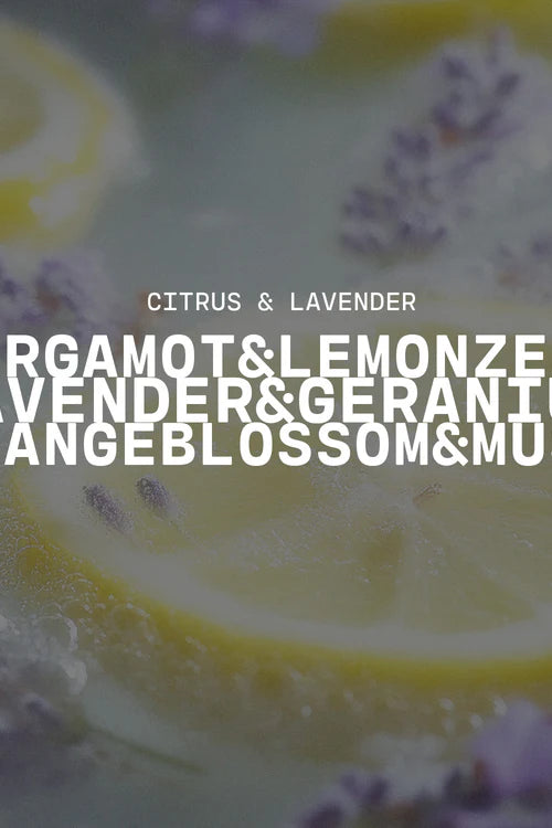 Product with lemon slices and lavender flowers on a light background, featuring text 'Citrus & Lavender'.