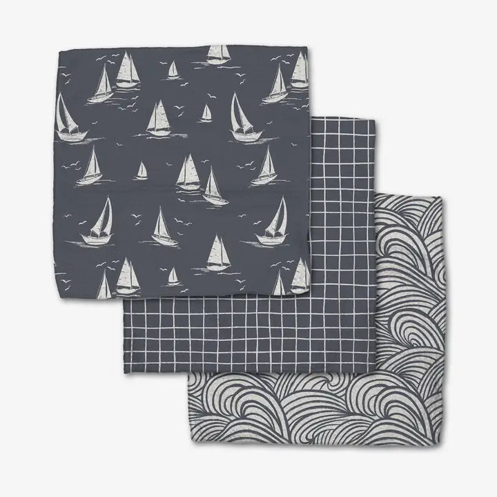 Set of three Geometry dishcloth towels with coastal pattern on a white background