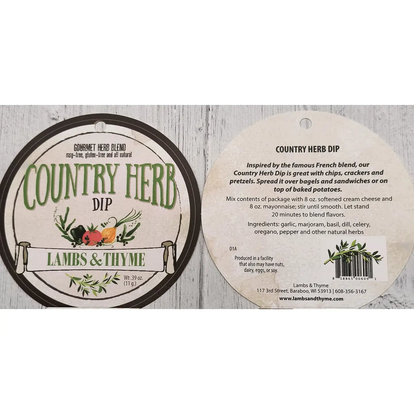 Two labels for Country Herb Dip by Lambs & Thyme on a wooden background