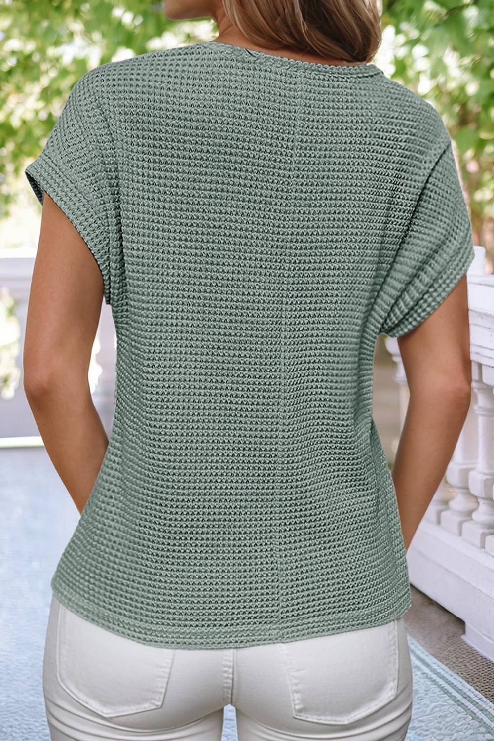 Lace Patchwork Waffle Short Sleeve Top