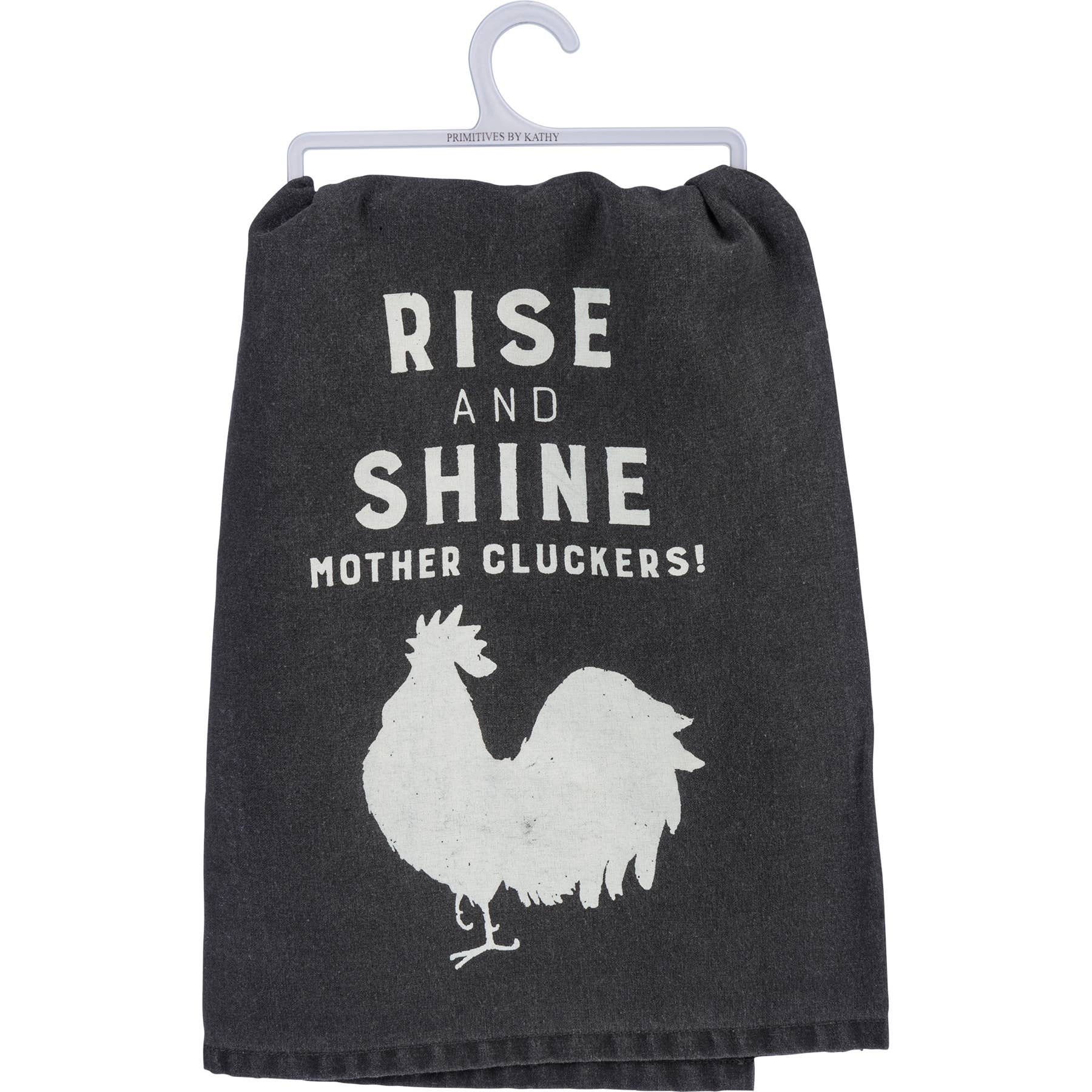 Black towel with white text and rooster graphic on a hanger