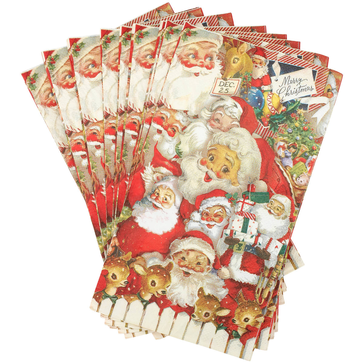 Collection of Christmas-themed vintage Santa Claus designs. on a paper napkin.