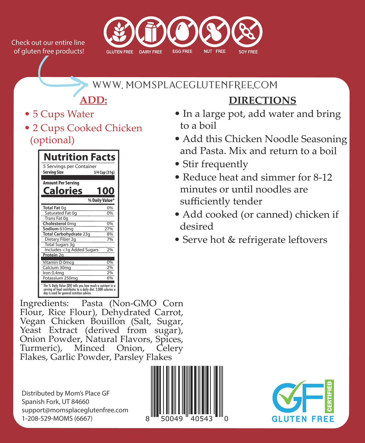 Back of a gluten-free product packaging with nutrition facts, directions, and branding.