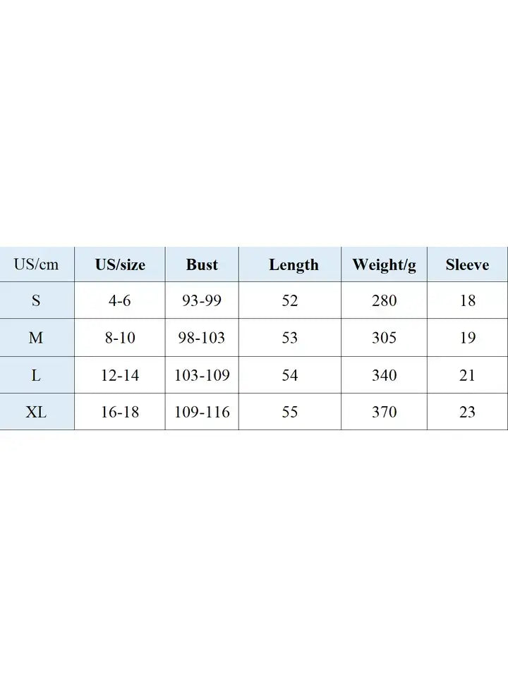 A size chart table showing measurements for US sizes S through XL, including bust, length, weight per square, and sleeve, with columns for US/cm, US/size, Bust, Length, Weight/g, and Sleeve.