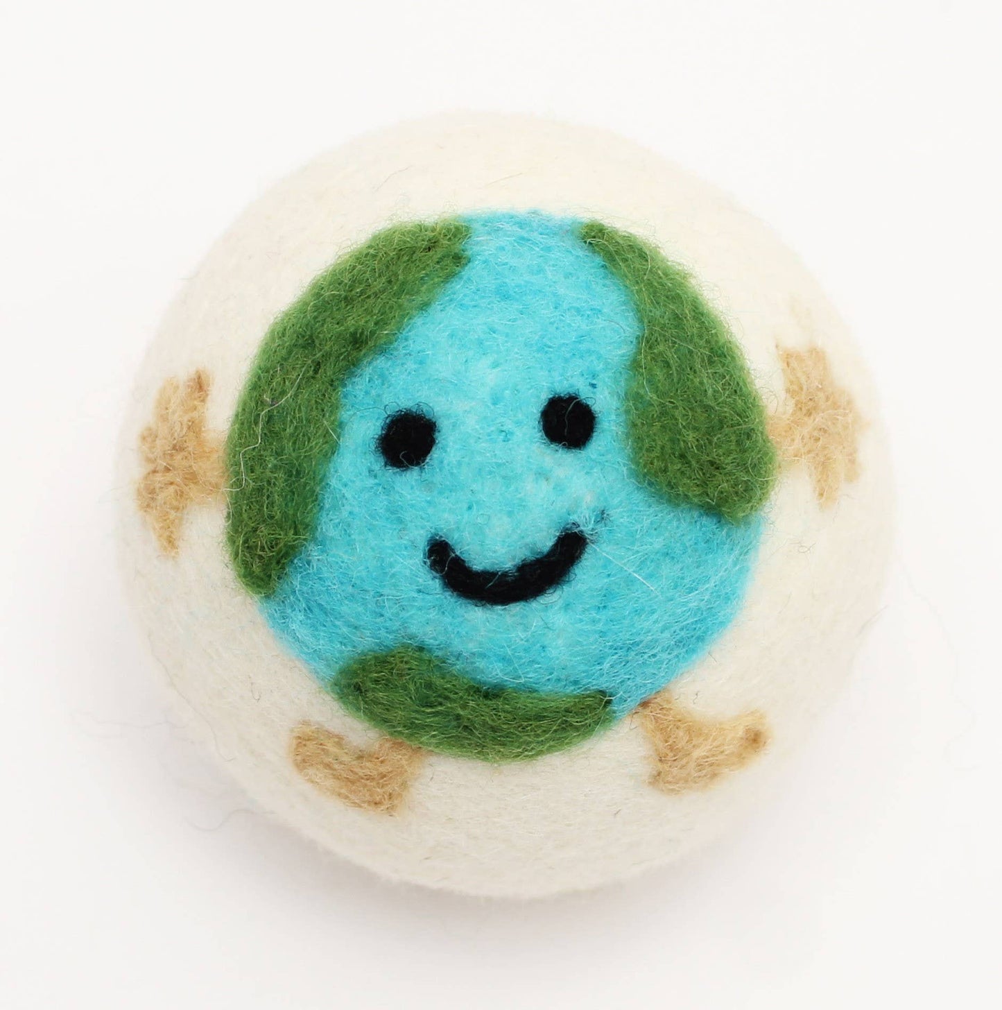 Felted wool dryer ball resembling a smiling planet with green face and brown feet on a white background