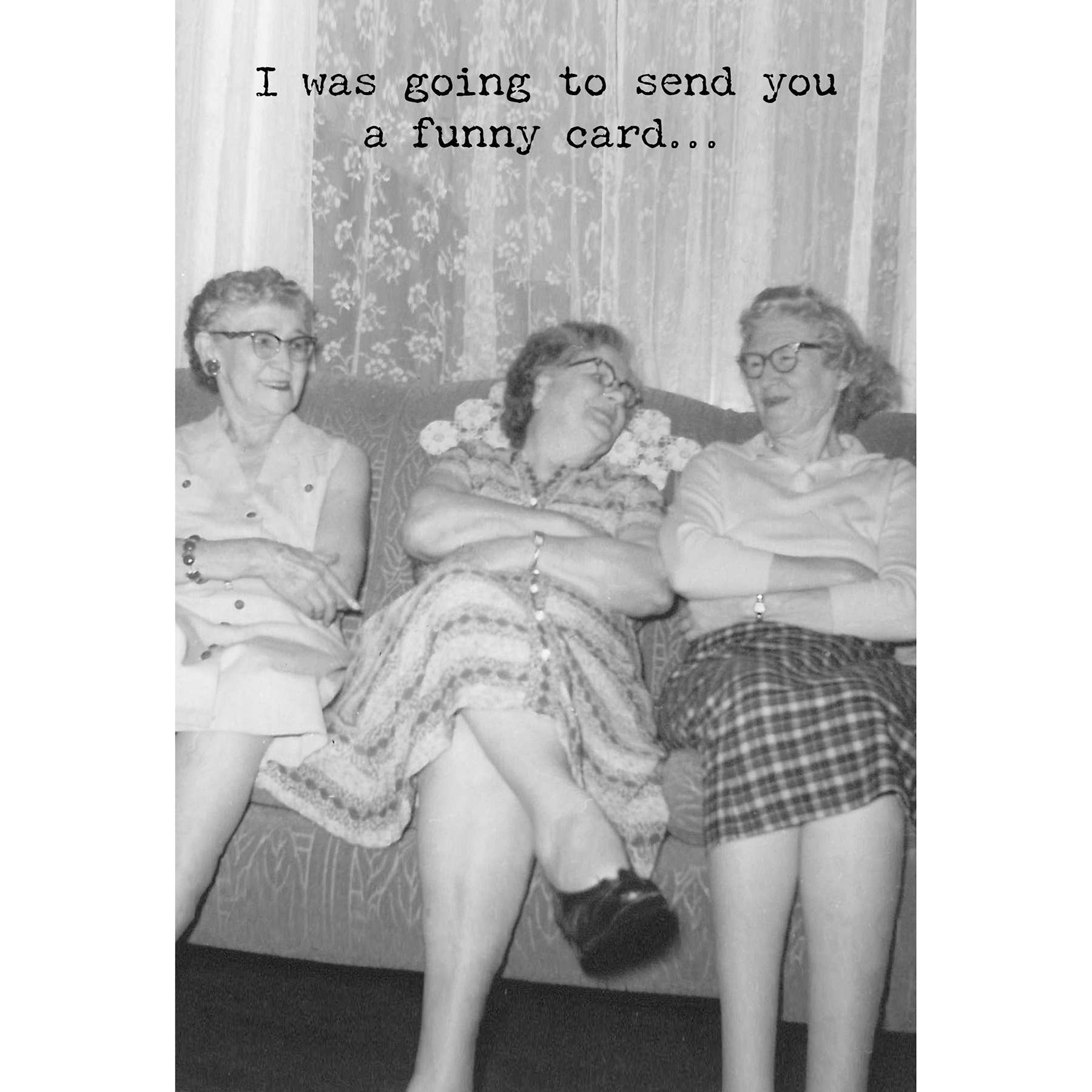Black and white photo of three women sitting on a couch with text overlay.