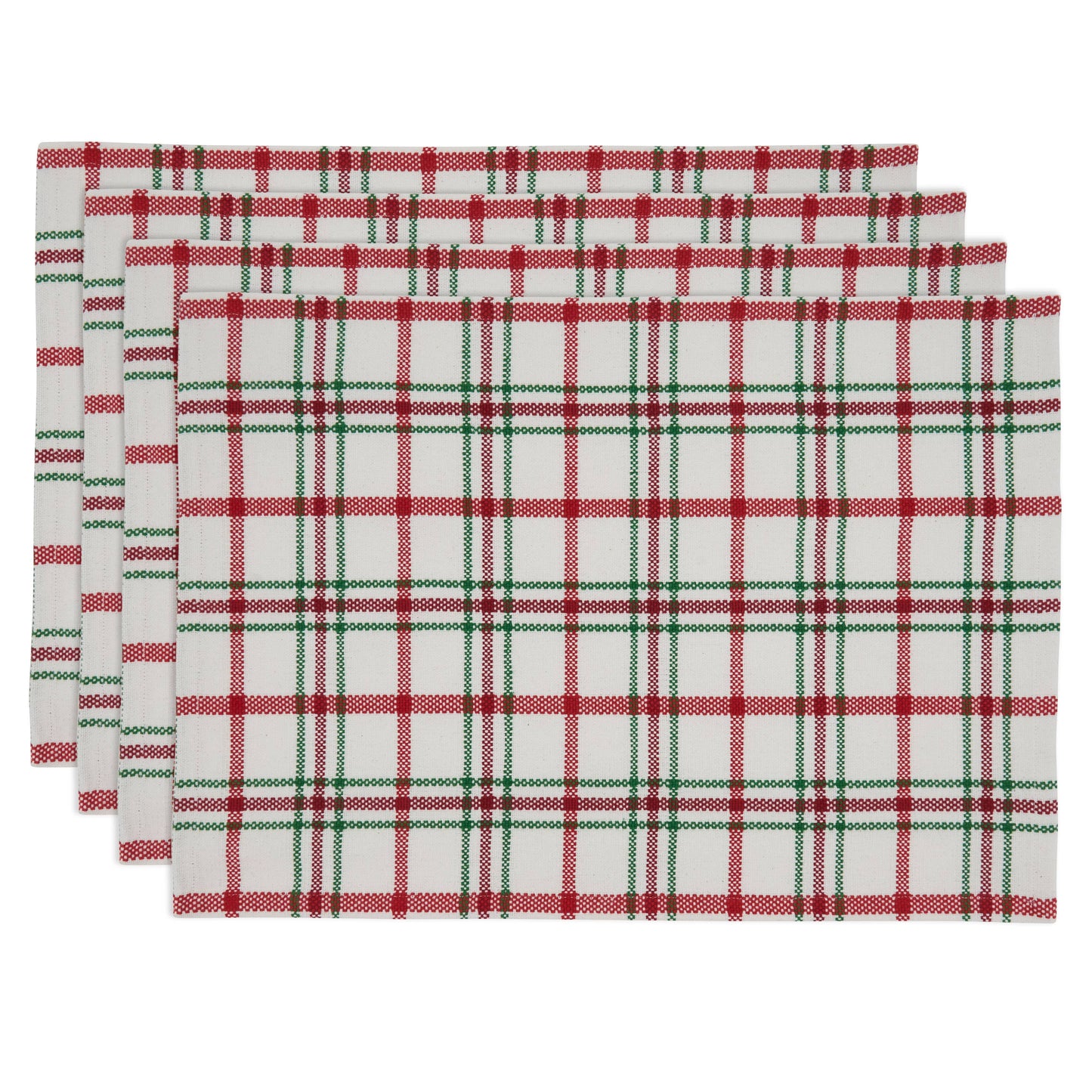 Set of four red and green plaid placemats on a white background