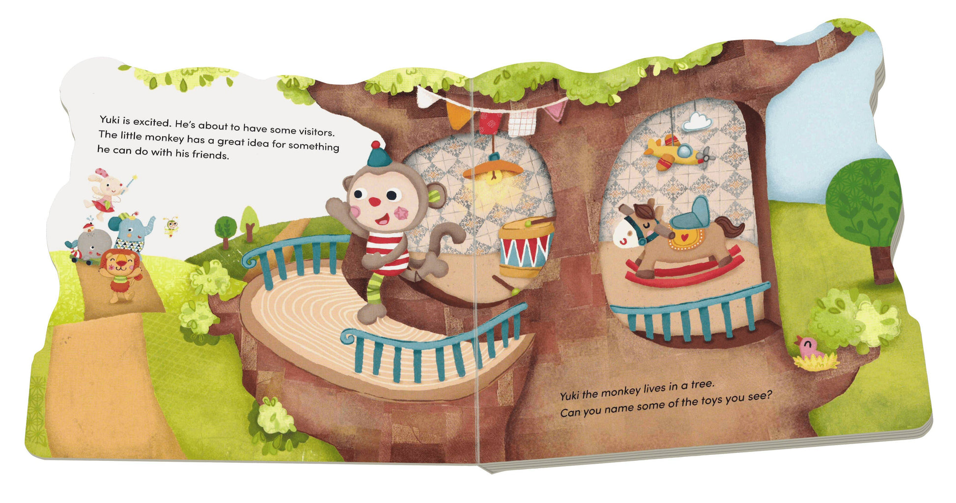 Children's book page with a monkey character and treehouse illustration