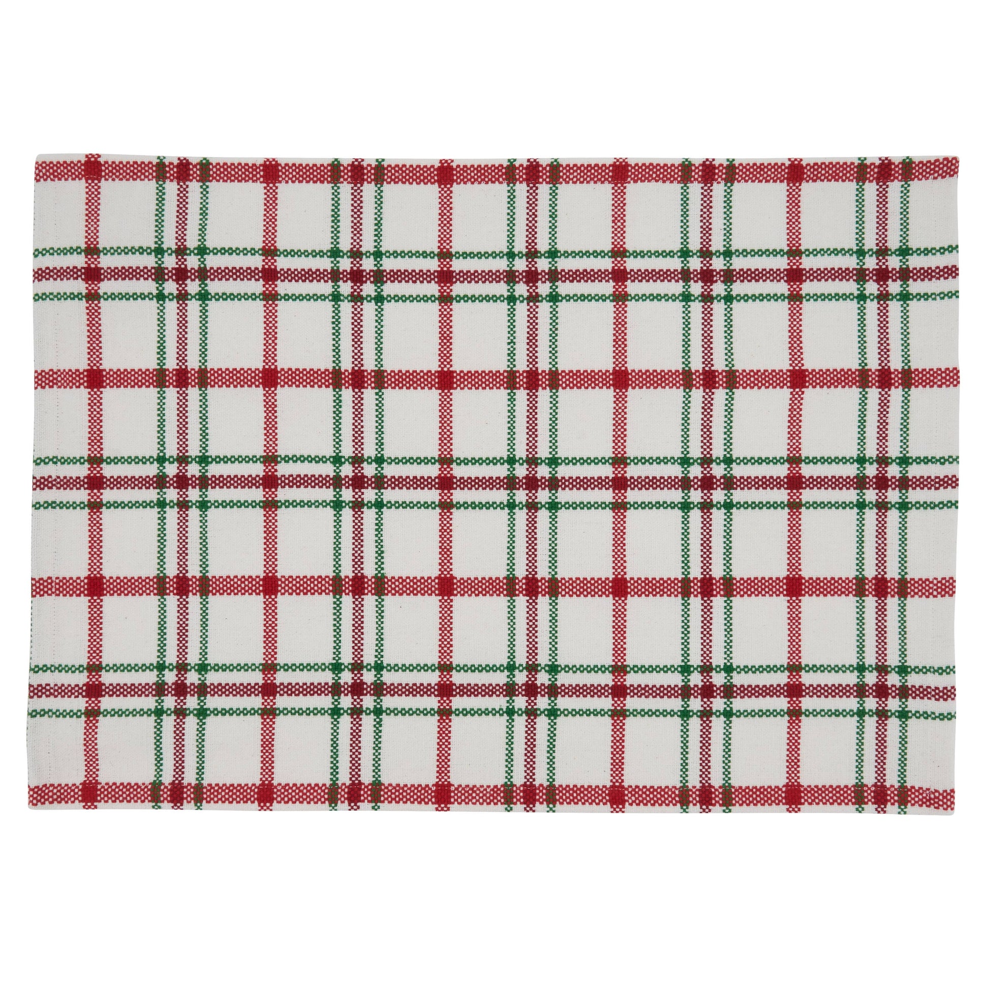 Red and green plaid placemat on a white background