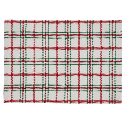 Red and green plaid placemat on a white background