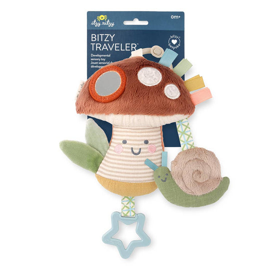 Plush toy with mushroom design and snail, branded 'Itzy Ritzy', on a white background