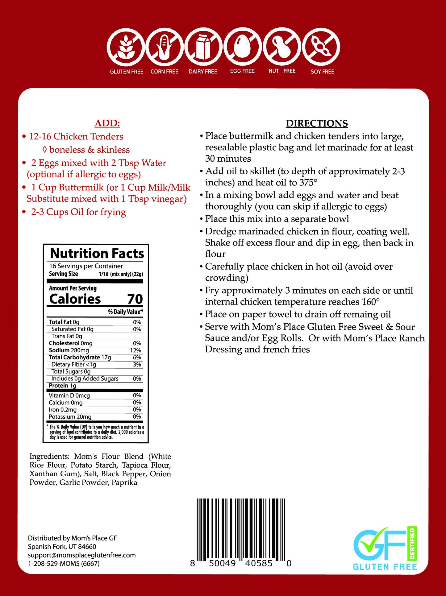 Back of a food package with nutrition facts, ingredients, and cooking directions on a red background.