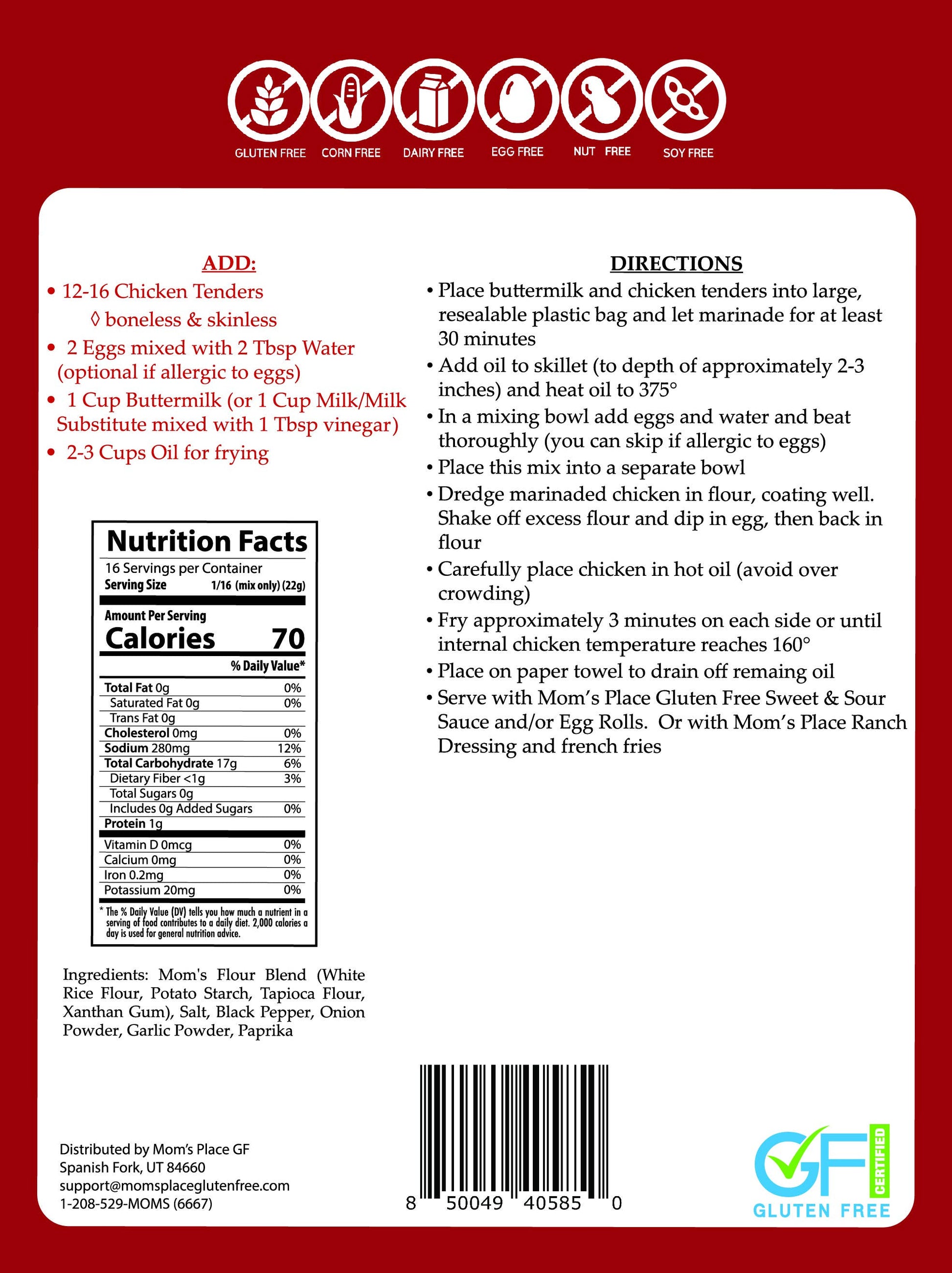 Back of a food package with nutrition facts, ingredients, and cooking directions on a red background.