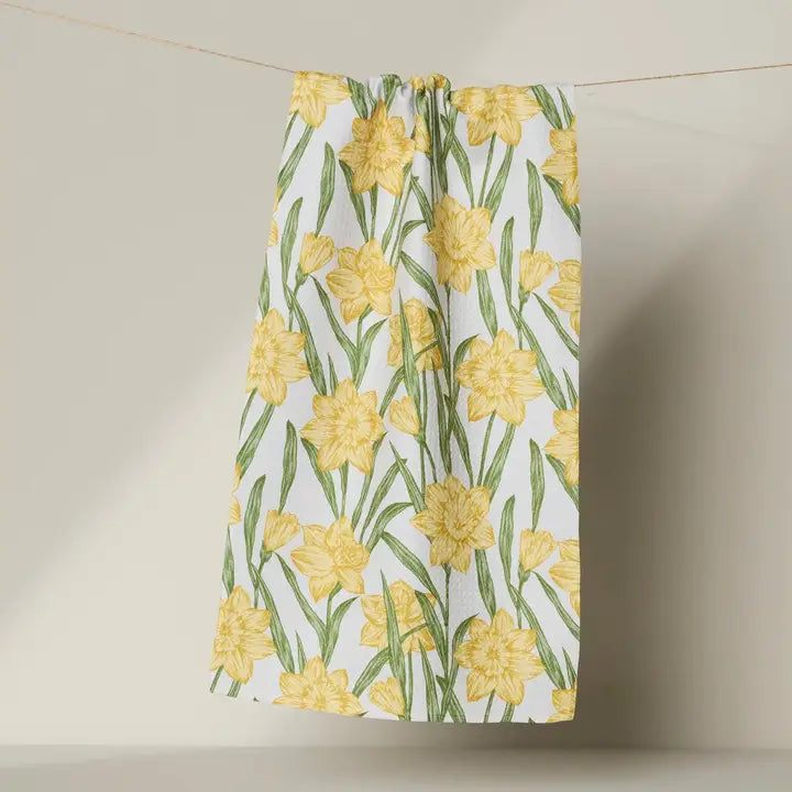 Floral Geometry bar towel with yellow flowers on a white background