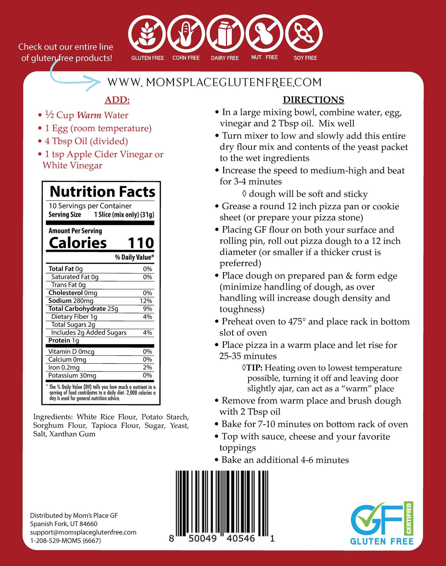 Back of a gluten-free product packaging with nutrition facts, directions, and branding information.