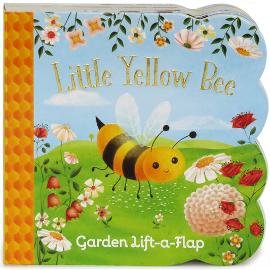 Children's book titled 'Little Yellow Bee: Garden Lift-a-Flap' with a bee illustration on a colorful cover.