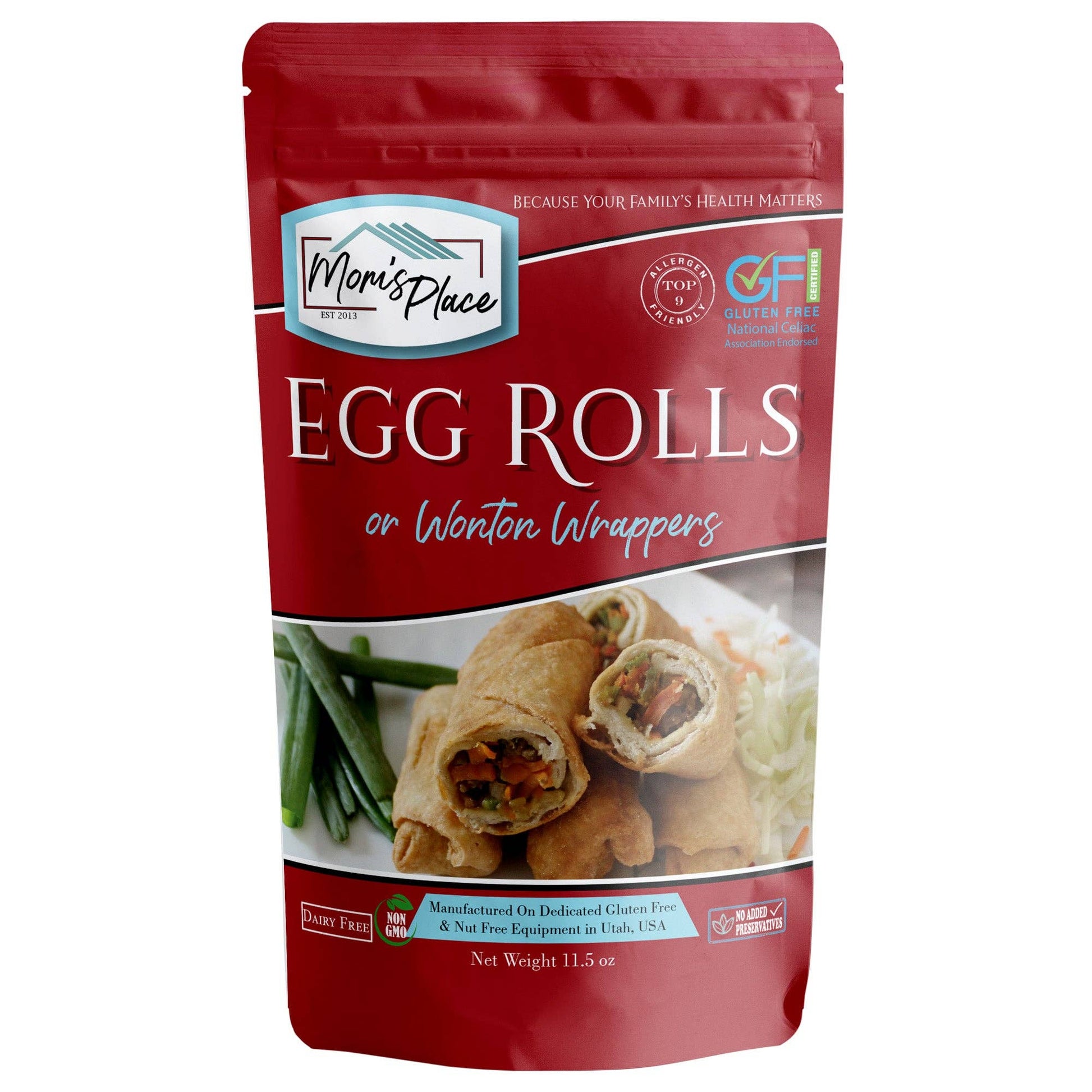 Red package of Mom's Place Egg Rolls on Wonton Wrappers with images of egg rolls and green beans on a white background.