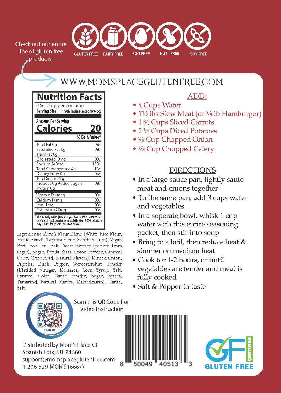 Back of a gluten-free product packaging with nutrition facts, ingredients, and directions.