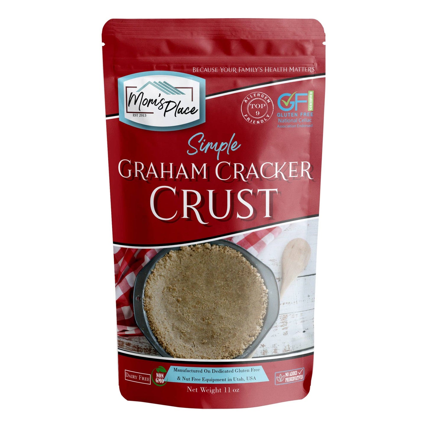 Red package of Mom's Place Simple Graham Cracker Crust on a white background