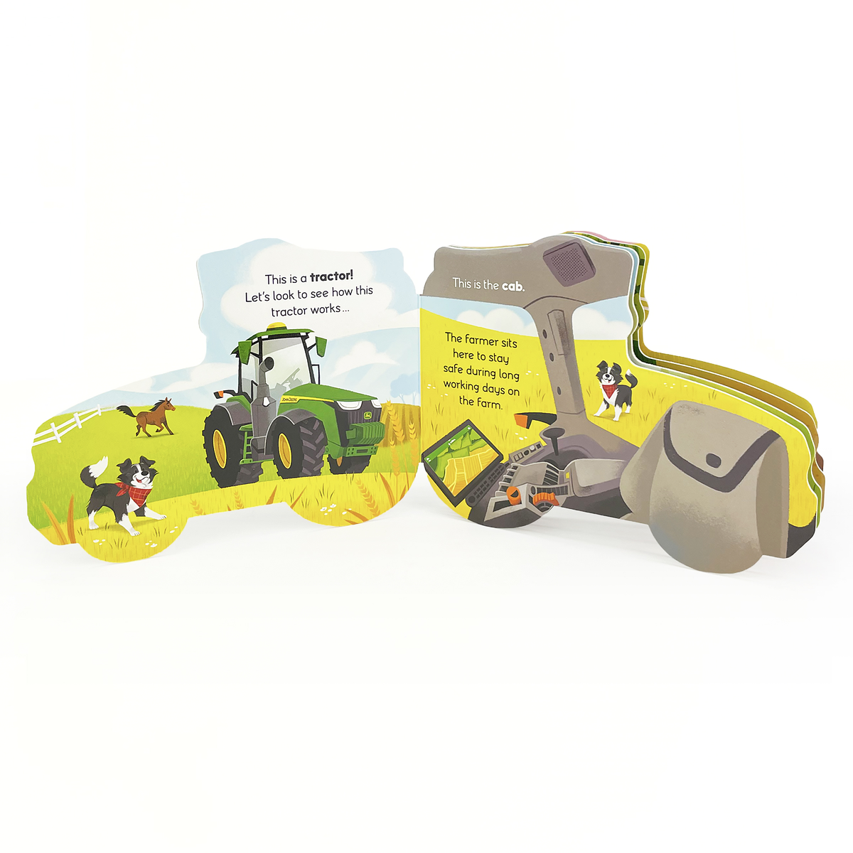 Children's book or educational material about a tractor with interactive elements.