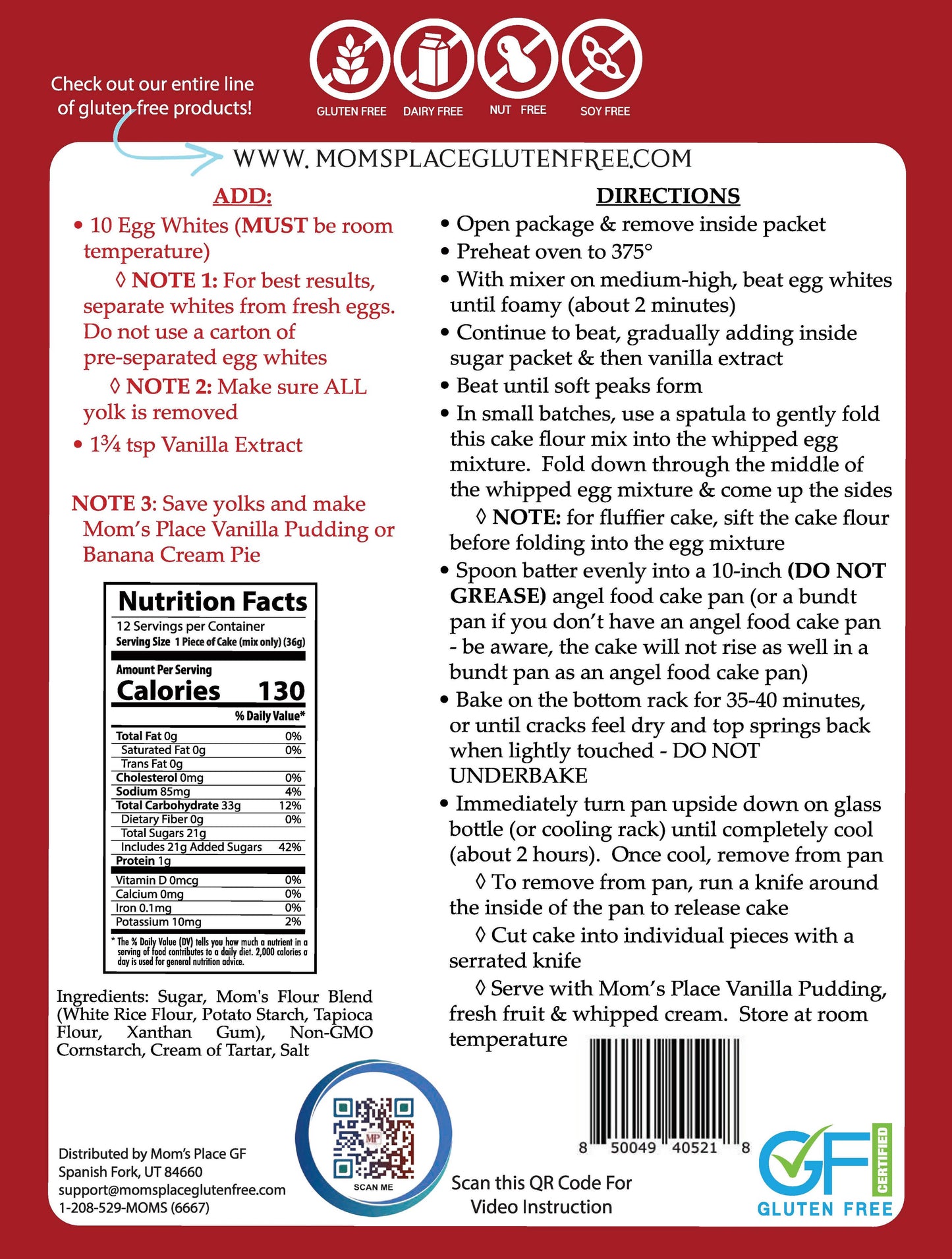 Back of a cake mix package with nutritional information, ingredients, and branding on a red background.