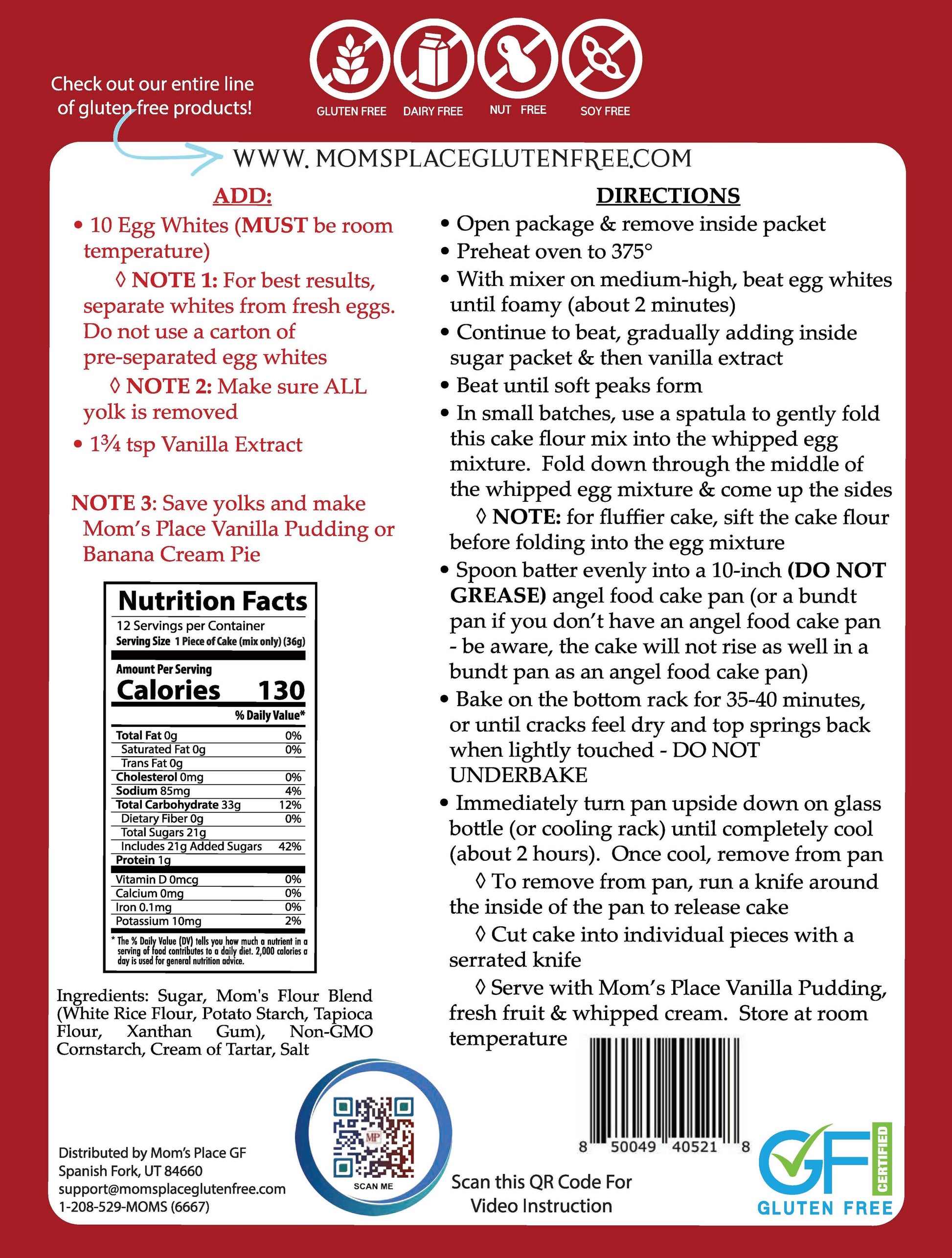 Back of a cake mix package with nutritional information, ingredients, and branding on a red background.