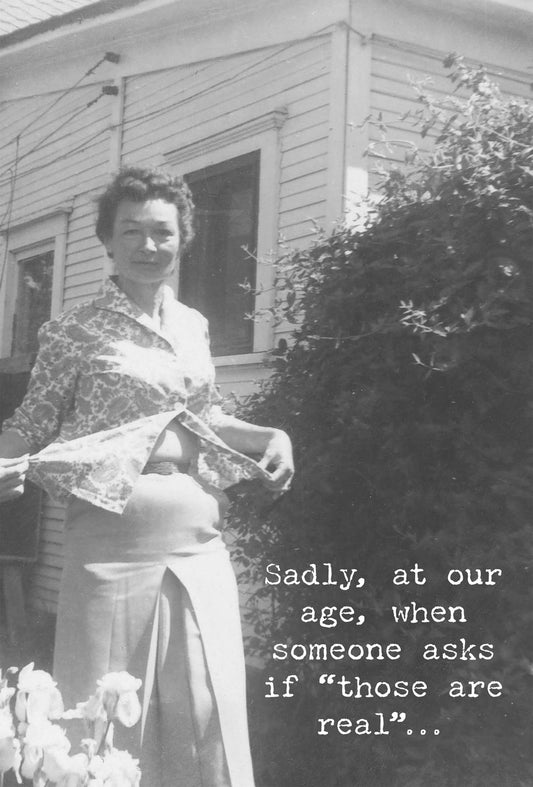 Black and white photo of a woman standing outdoors with text overlay.