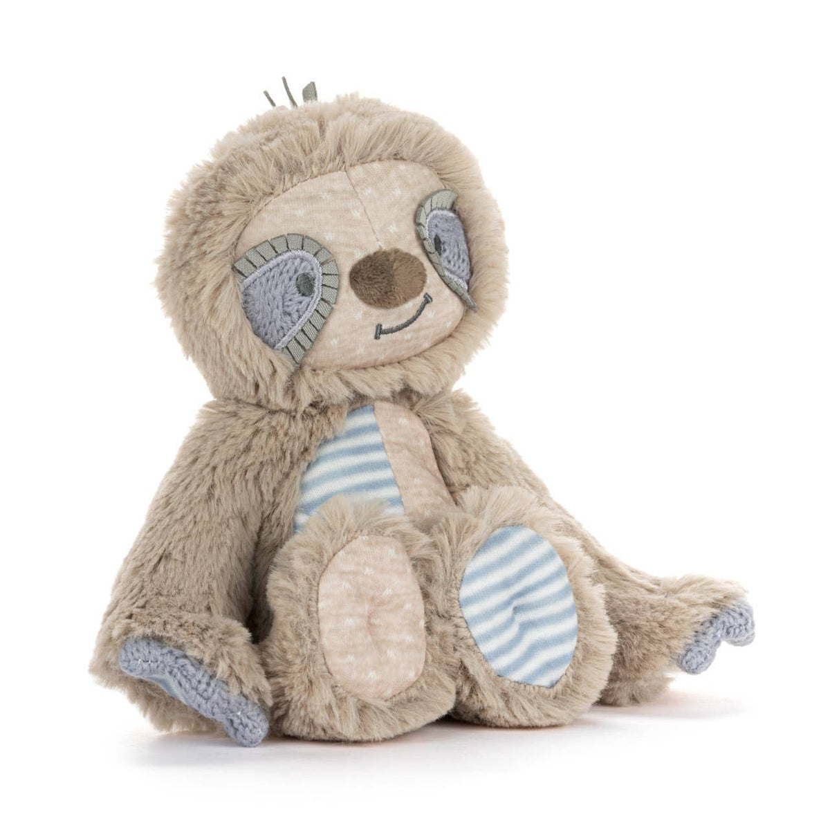 Plush toy sloth with striped legs on a white background