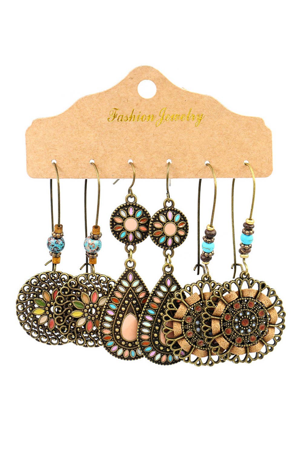 Set of earrings on a 'Fashion Jewelry' display card against a white background