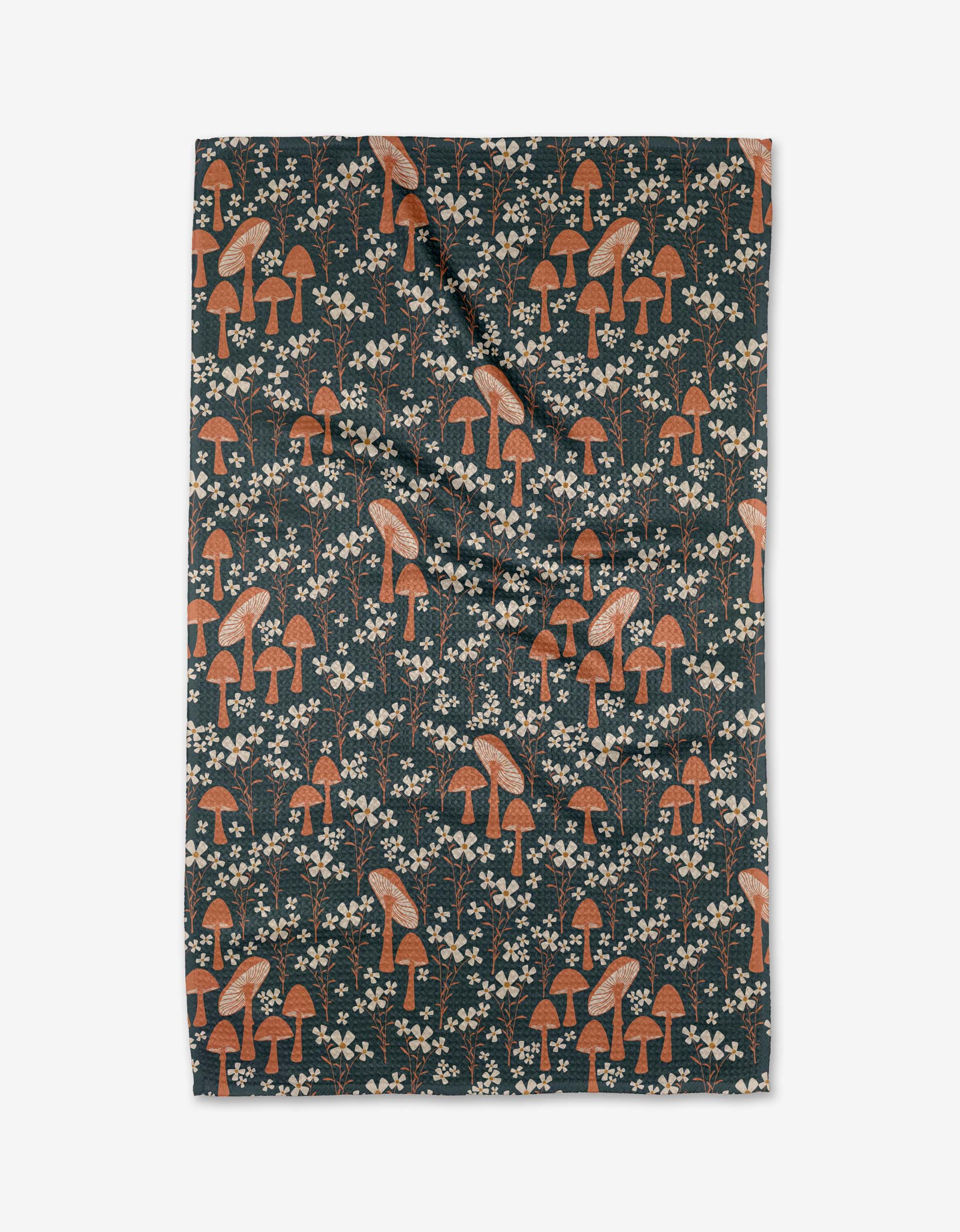 Patterned kitchen tea towel with mushrooms and flowers on a dark background Geometry Brand