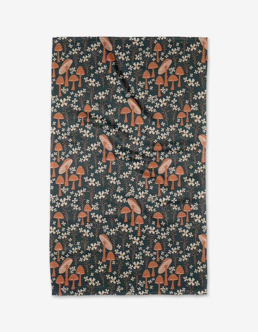 Patterned kitchen tea towel with mushrooms and flowers on a dark background Geometry Brand