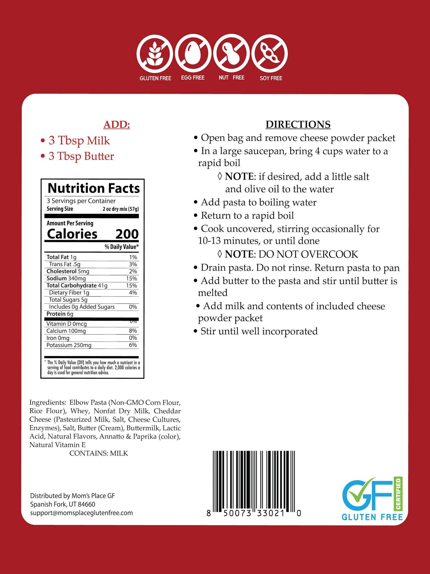 Back of a food package with nutrition facts, directions, and certification logos on a red background