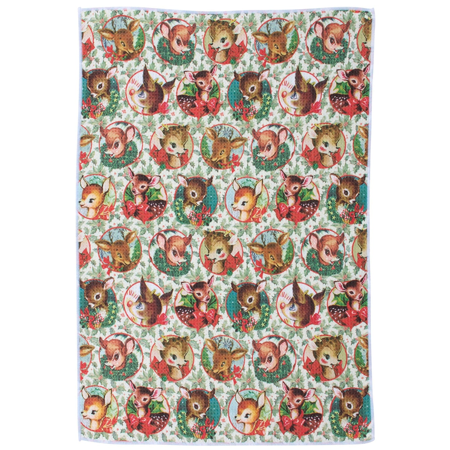 Patterned kitchen towel with cartoon deer characters on a white background