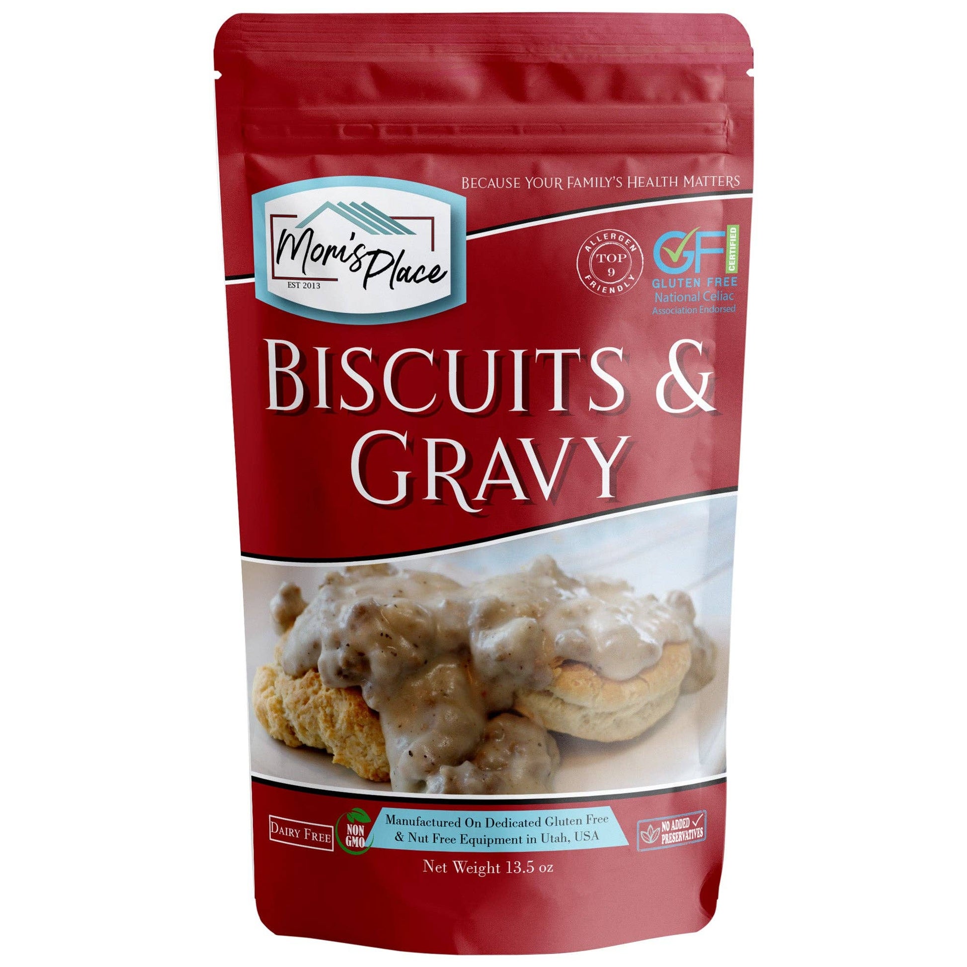 Mom's Place biscuits and gravy package on a white background