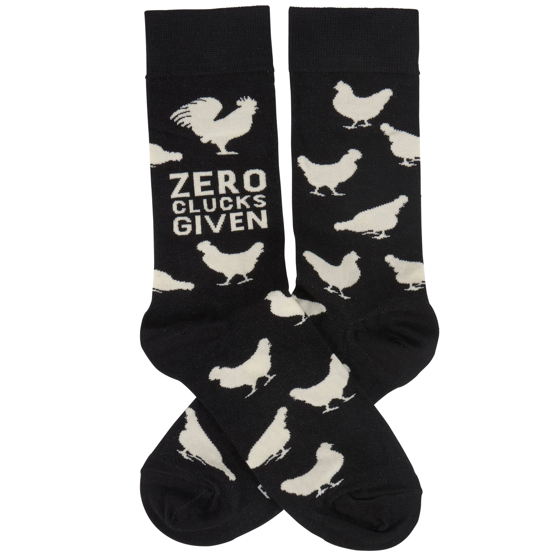 Black socks with white chicken patterns and 'Zero Clucks Given' text on a white background