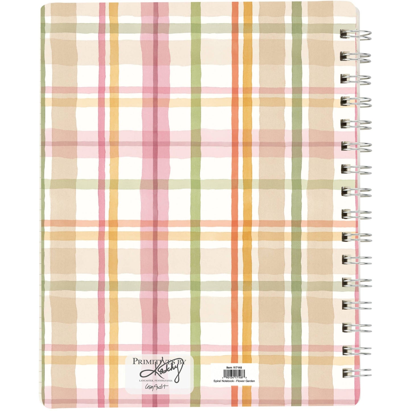 Plaid notebook with pastel colors and visible brand name on a white background