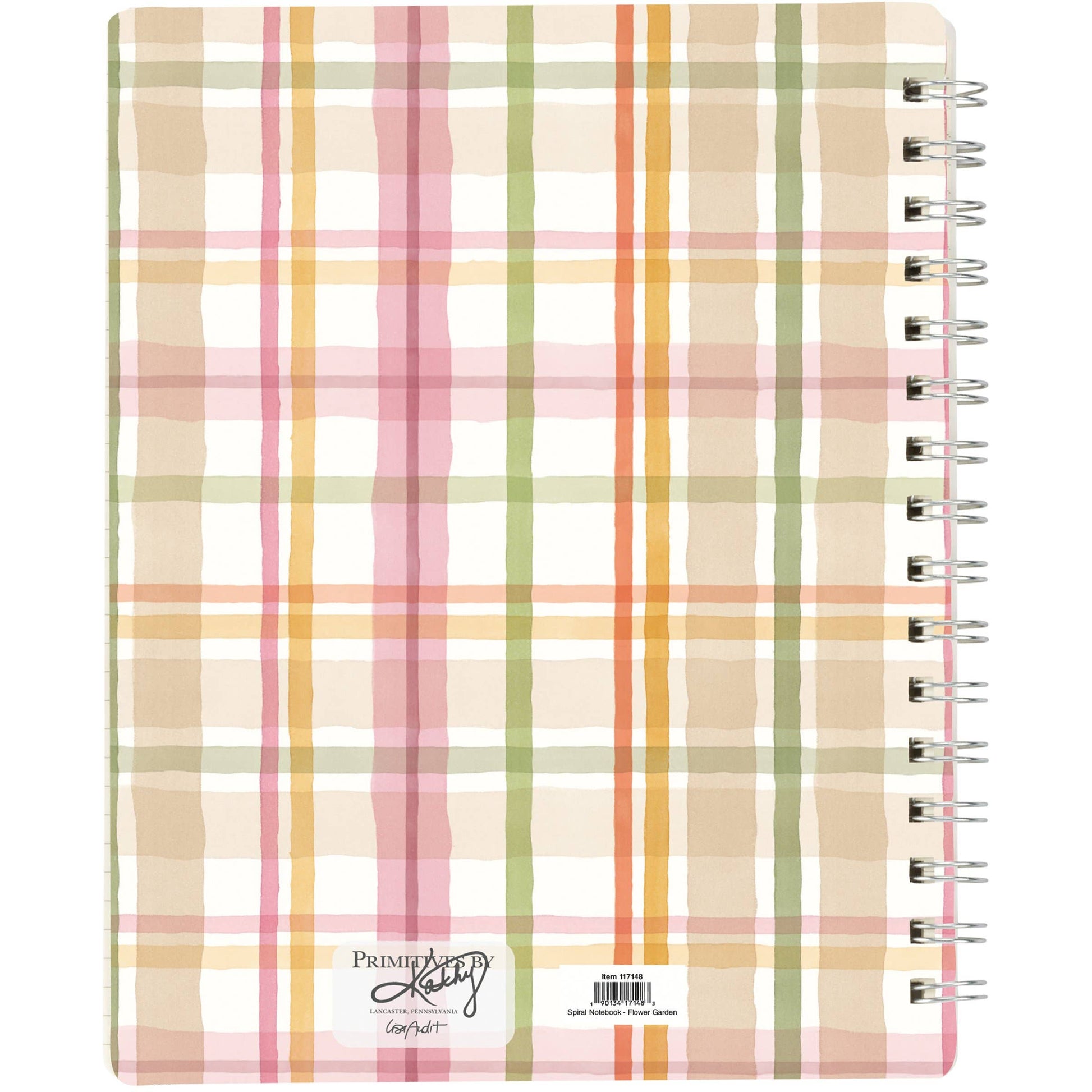 Plaid notebook with pastel colors and visible brand name on a white background