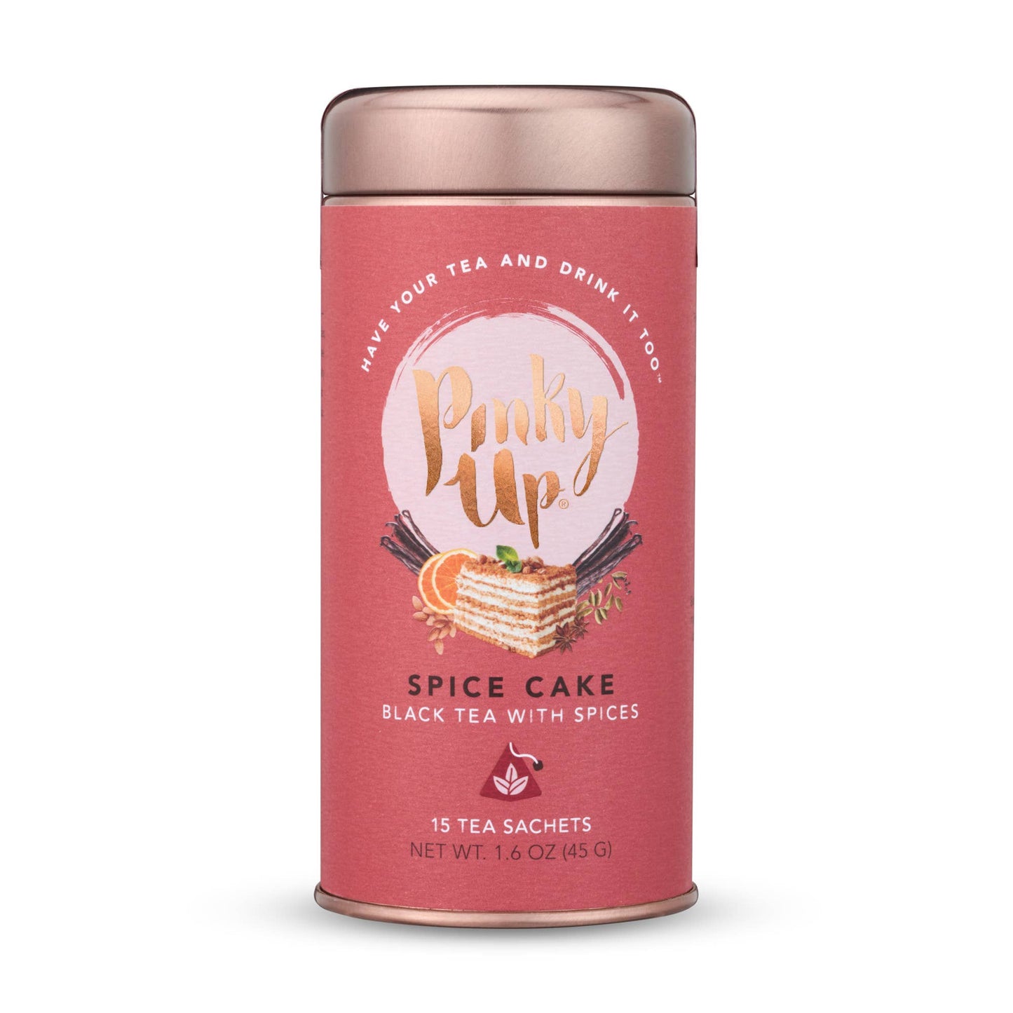 Pink tea canister labeled 'Pinky Up Spice Cake' on a white background