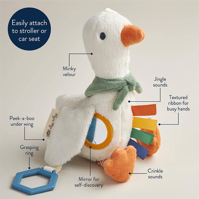Plush toy with features labeled on a light gray background