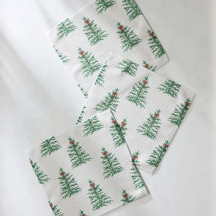 Set of three Geometry dishcloth towels with tree pattern on a white background