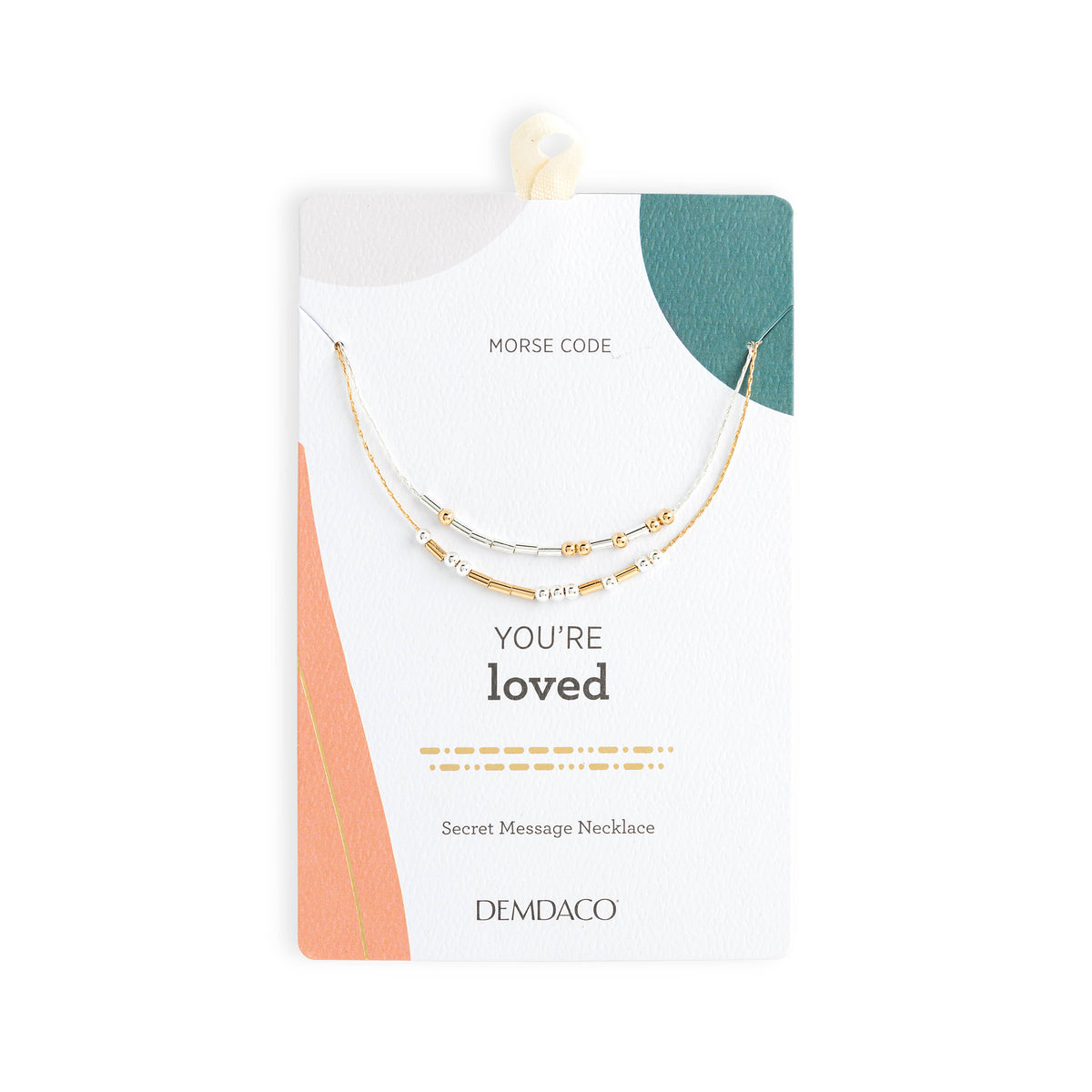 Secret message necklace packaging with 'You're loved' text and Demdaco branding.