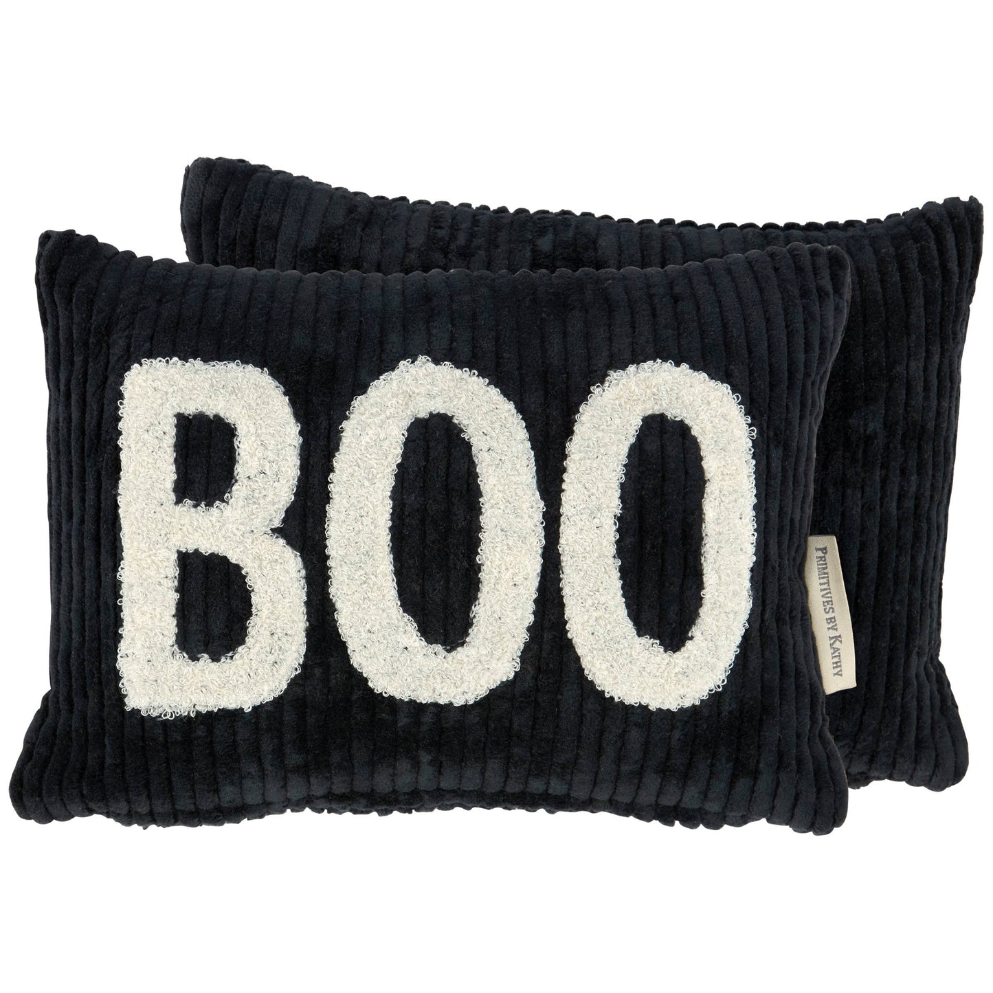 Two black corduroy lumbar pillows with white fuzzy letters spelling 'BOO' on the front, displayed against a solid white background.