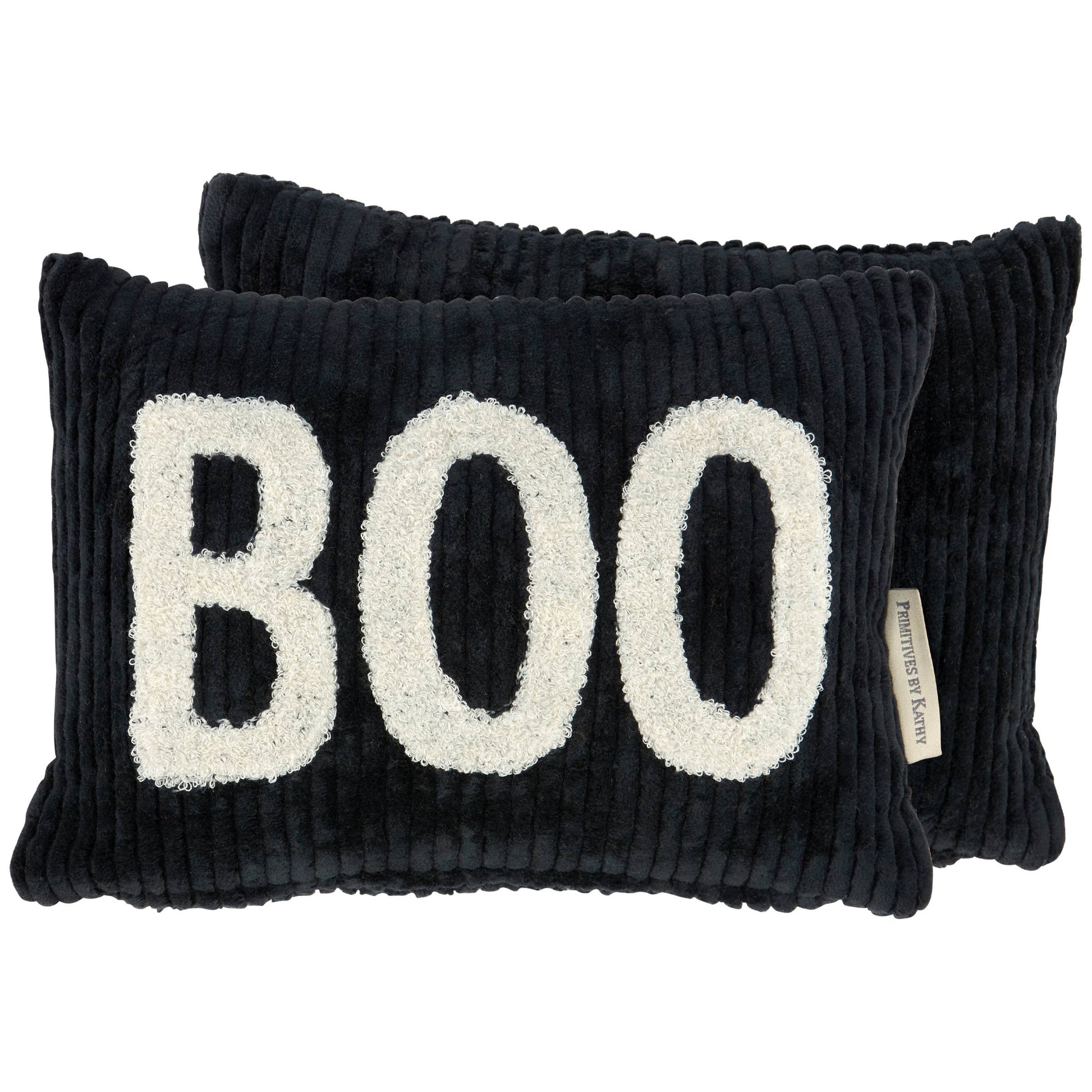Two black corduroy lumbar pillows with white fuzzy letters spelling 'BOO' on the front, displayed against a solid white background.