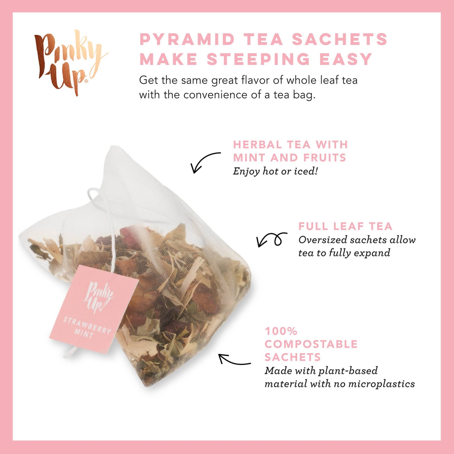 Tea bag with text explaining benefits on a pink background