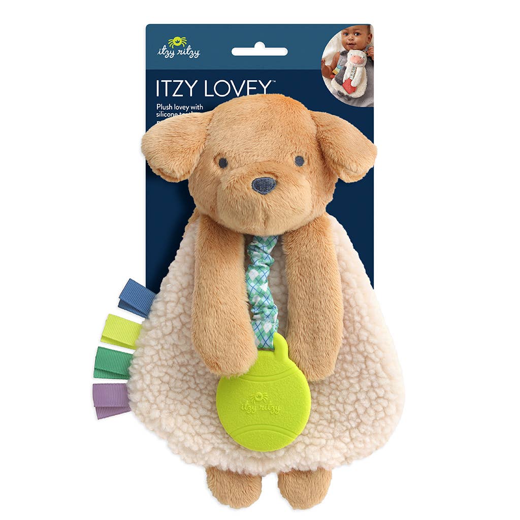 Plush toy with rattle and teether on a blue packaging background