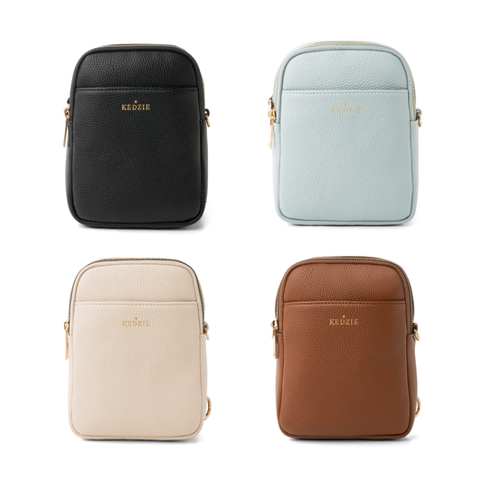 Four Kedzie Solstice Convertible Crossbody bags in different colors: black, blue, beige, and brown.