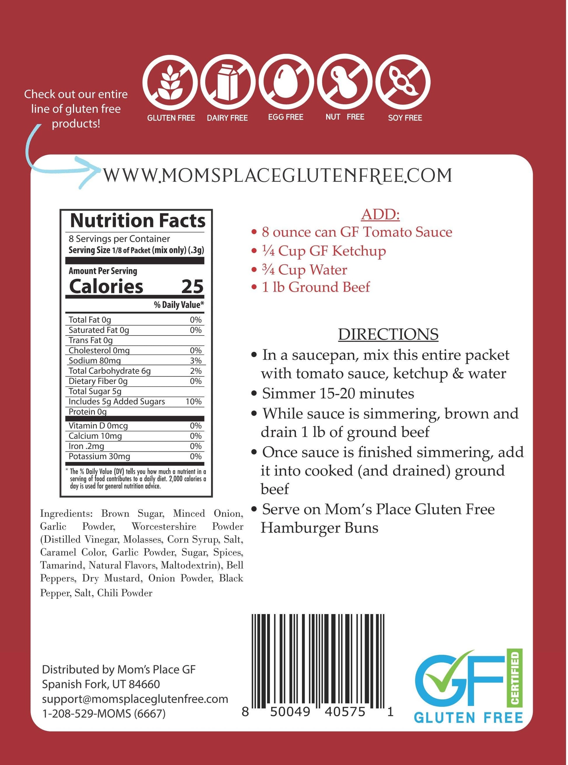 Back of a gluten-free product packaging with nutrition facts, ingredients, and directions.