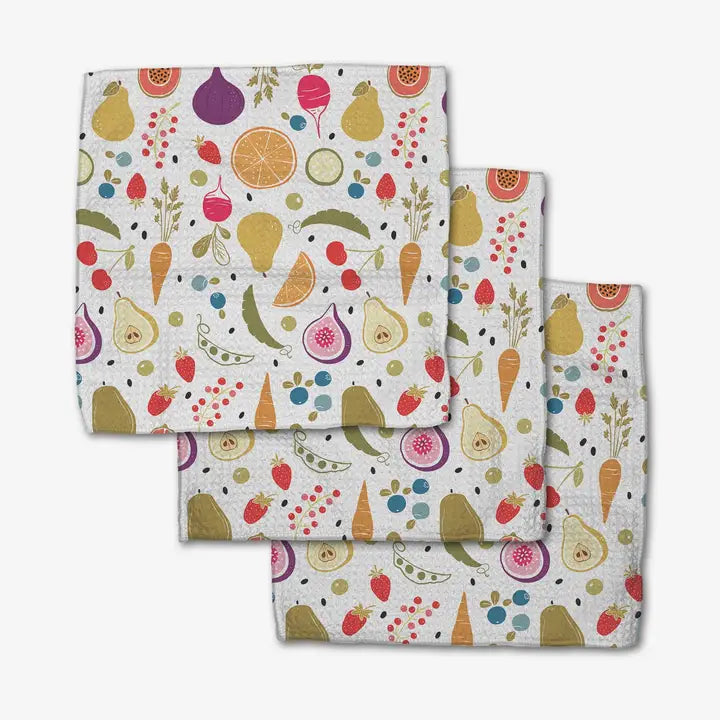 Set of three Geometry dishcloth towels with fruit pattern on a white background