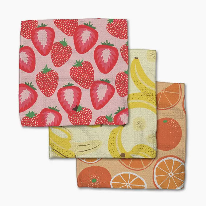 Set of three Geometry dishcloth towels with fruit pattern on a white background