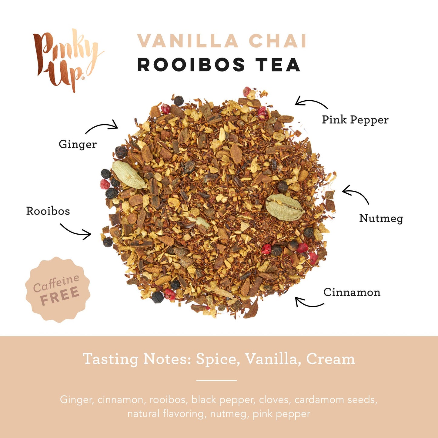 Vanilla chai rooibos tea blend with labeled ingredients on a white background